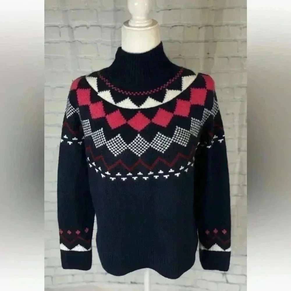 Vince Camuto Fair Isle Mock Neck Sweater Woman’s Size XS Navy Blue Knit pullover